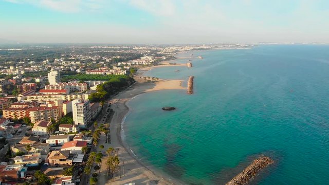 Flying above Costa Dourada, Catalonia. Cambrills, Spain. Drone aerial video