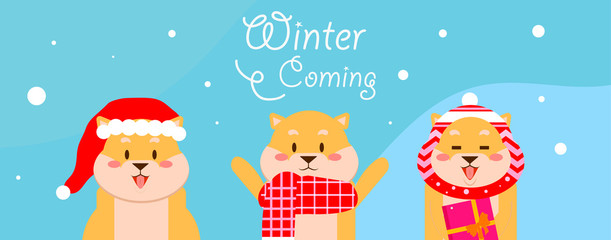 flat design merry christmas shiba inu puppy special winter coming background - Vector
