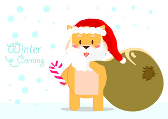 flat design merry christmas background, shiba inu puppy as santa claus special winter coming - vector