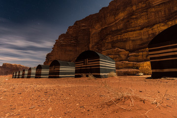 Wadi Rum desert camp site under the stars, Jordan, Middle East