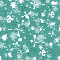 Simple background with white abstract elements. Snow endless texture on a green background to decorate fabrics, tiles and paper and wallpaper on the wall.