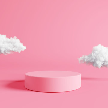Pink Podium With Cloud On Pastel Pink Background. 3d Rendering