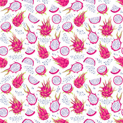 Seamless pattern with dragon fruits (pitaya). Hand drawn vector illustration in watercolor style with high detail for summer romantic card, cover, tropical wallpaper, texture, fabric, wrapping paper. 