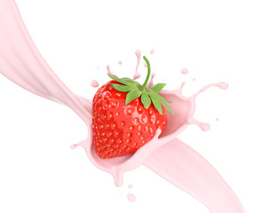 Strawberries in milk splash, 3d illustration.