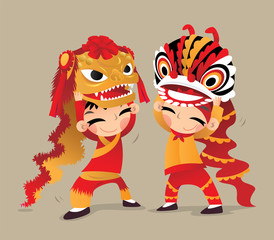 Fototapeta na wymiar Two Chinese kids playing the Northern and the Southern Lion Dances
