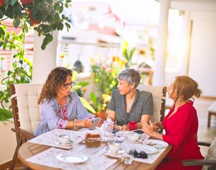 Meeting of middle age women having lunch and drinking coffee. Mature friends smiling happy using smartphone at home on a sunny day