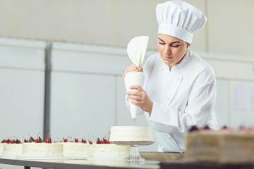 Confectioner decorating cake in pastry shop.