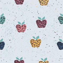 Seamless Hand Drawn Pattern with colorful apples on dark background