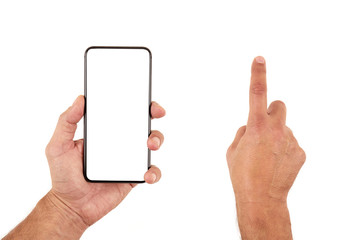 Męskie dłonie trzymają smartfon, telefon na białym tle