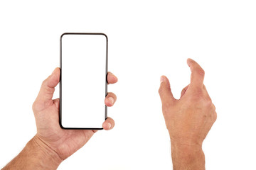 Męskie dłonie trzymają smartfon, telefon na białym tle - obrazy, fototapety, plakaty