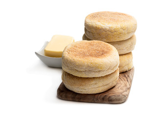 Freshly baked English muffins isolated on a white