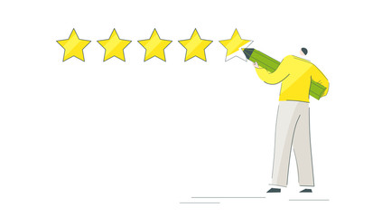 Customer leaves positive review. Man draws five stars. Excellent quality of working. Client gives best mark. Funny character likes service. Minimal graphic vector illustration EPS 10 isolated on white