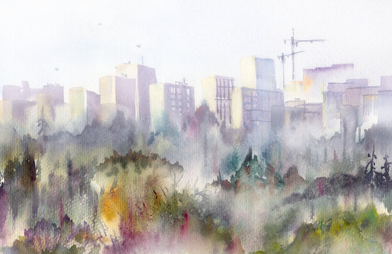 Urban panorama. Morning fog among high buildings at residential district. Background image with modern city scene in fog - watercolor illustration. Provincial city, autumn park, cranes in cloudy haze