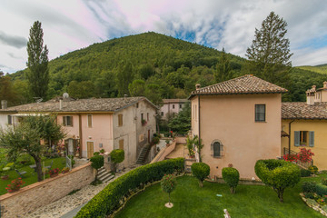 Fototapeta na wymiar Panoramic view of Rasiglia mountain small village in the heart of Umbria region, named 