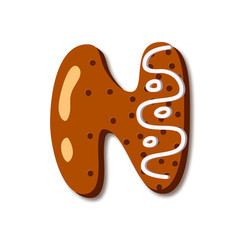 Cute letter N in form of cookies. Glazed Christmas food gingerbread. Sweet biscuit alphabet with frosting. Figures decorated icing sugar Isolated on white background. Flat style vector illustration.