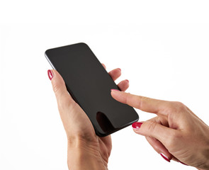 Kobiece dłonie trzymają smartfon, telefon na białym tle - obrazy, fototapety, plakaty