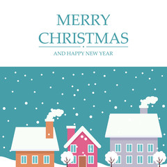 Merry Christmas card with houses in winter snow