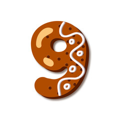 Cute number 9 in form of cookies. Glazed Christmas food gingerbread. Sweet biscuit characters with frosting. Figures decorated icing sugar Isolated on white background. Flat style vector illustration.