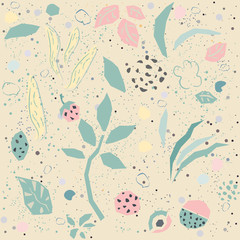 Hand Drawn Seamless Pattern with plants and berries. Artistic Creative Design.