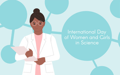 Dark-skinned female chemist with a folder. International Day of Women and Girls in Science. Woman chemist. Woman scientist. Illustration. Flat style. Abstract background