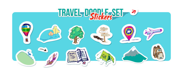 Fototapeta premium Summer holidays, mountain trip. Vector Set for summer time travel vacation. Set of stickers with sketch design element summer theme. Hand drawn doodle stickers with adventure objects