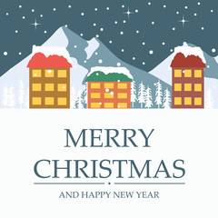 Fototapeta premium Winter city landscape Christmas card with trees in the snow