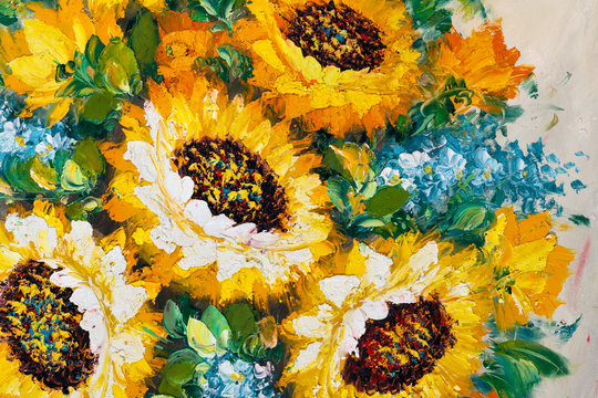 Close up fragment of oil painting artistic flowers image. Palette knife flowers macro. Texture of mixed oil paints of big flowers.