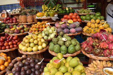Closeup of fruits and vegetables on a local market in Funchal in Madeira, Portugal