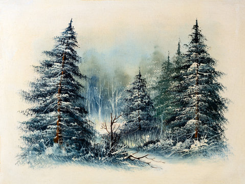 Evergreen pine trees snow covered in forest, winter scene oil painting. Christmas concept.