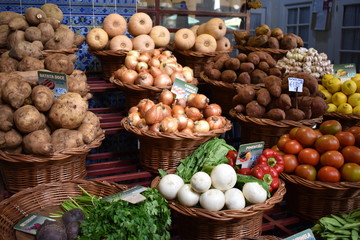 Closeup of fruits and vegetables on a local market in Funchal in Madeira, Portugal