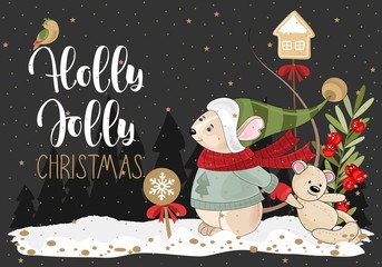 Holly wishes merry Christmas with a Mouse, twigs and sweets. Vector illustration. Winter holiday card with calligraphic and hand-drawn design elements.