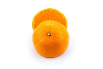 Top view half orange isolated on white background. Save with clipping path.