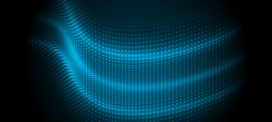 Abstract blue dotted vector design on black background with wavy lights.