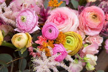 Pink yellow peony and rose in beautiful bouquet close up. Floral, flowers background
