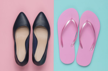 Leather high heel shoes and flip flops on a colored paper background. Minimalistic fashion concept. Top view