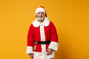 Fototapeta na wymiar Smiling elderly gray-haired mustache bearded Santa man in Christmas hat posing isolated on yellow wall background, studio portrait. Happy New Year 2020 celebration holiday concept. Mock up copy space.