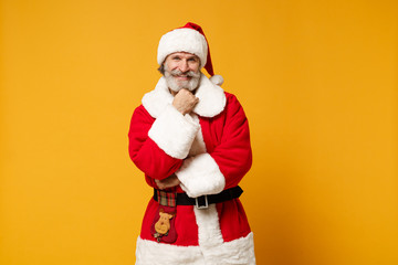Smiling elderly gray-haired mustache bearded Santa man in Christmas hat posing isolated on yellow background. New Year 2020 celebration holiday concept. Mock up copy space. Put hand prop up on chin.