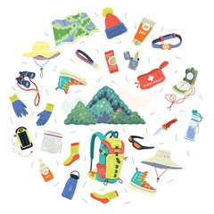 Complex vector illustration of hiking or touristic equipment. Circle shape. Mountain.   Flat cartoon handdrawn style.