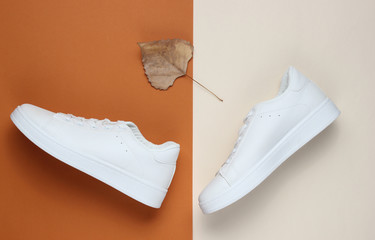 Autumn collection. White sneakers with a dry autumn leaf on colored paper background. Studio shot. Top view