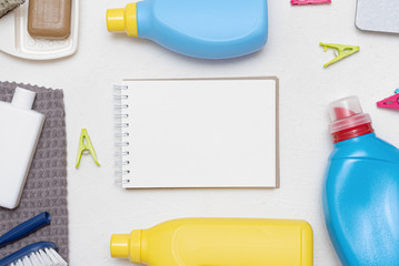 Hand wash tips. Household to do list mockup. Washing accessories flat lay background.