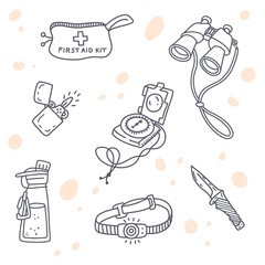 Vector illustration of hiking or touristic equipment. First aid kit, binocular, lighter, head lamp, bottle of water, knife, compass. Set of icons. Doodle handdrawn style.