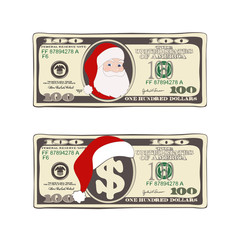 Set of 100 dollar, Christmas bill one hundred dollar with Santa Claus and red hat.