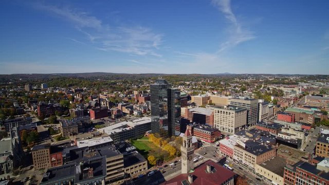 Worcester Massachusetts Aerial v5 Downtown cityscape panoramic from above City Hall - October 2017