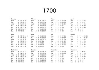 Calendar of year 1700