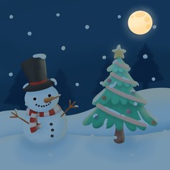 Hand drawn cartoon illustration of Snowman and Christmas tree at night for Greeting card, design