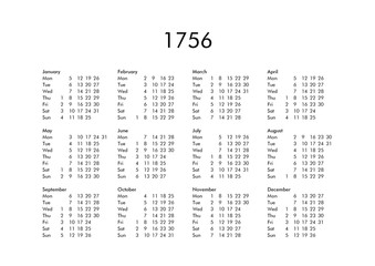 Calendar of year 1756