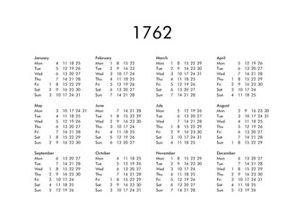 Calendar of year 1762