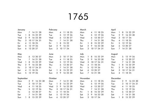 Calendar of year 1765