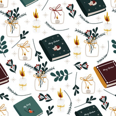 winter seamless pattern with candles and books on white background - vector illustration, eps