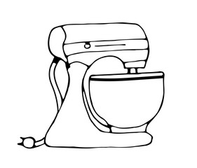 Kitchen mixer isolated black and white, food concept, freehand drawn doodle. icon for kitchen equipment.
